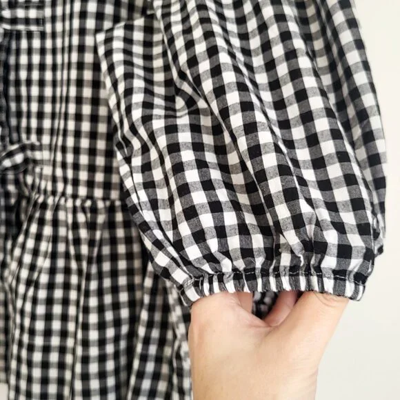 Retro Gingham Puff Sleeve Peplum Blouse Black White Size M - Picture 7 of 10